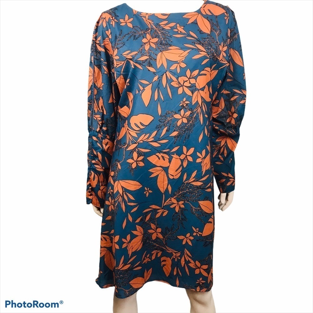 Suzanne Betro Plus Size 1X Blue Orange Floral Teal Sheath Long Sleeved D…